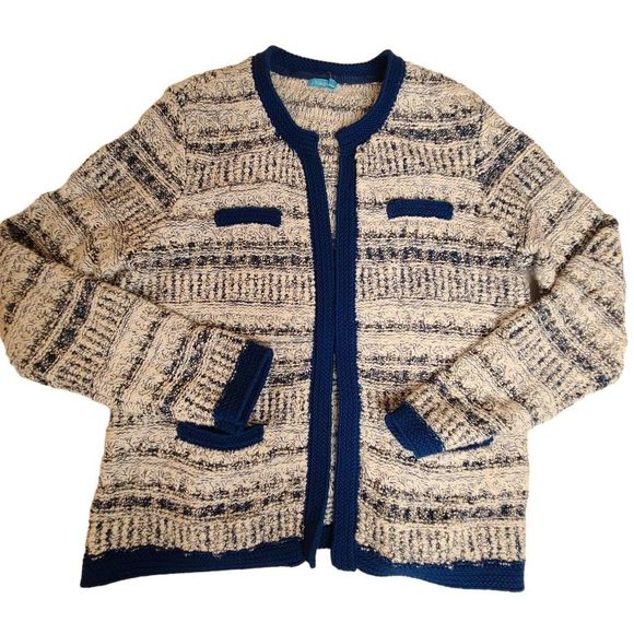 J McLaughlin Womens Knit Blue White Cotton Blend Cardigan Sweater Medium - Picture 4 of 11